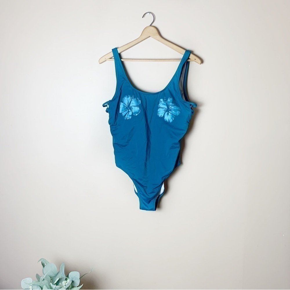 [PINK Victoria's Secret] Teal Blue Scoop Back Hibiscus One Piece Swimsuit